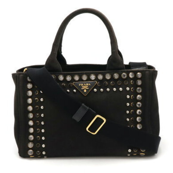 Prada Canapa Shoulder Bag beaded studded canvas Nero Black - Picture 1 of 9